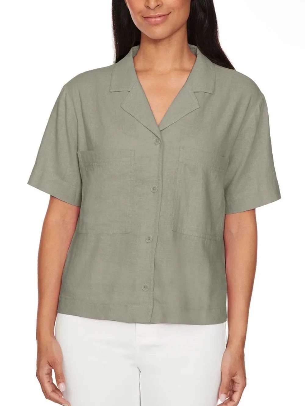 Buffalo David Bitton Olive Green Linen Blend Button-Up Shirt Short Sleeve